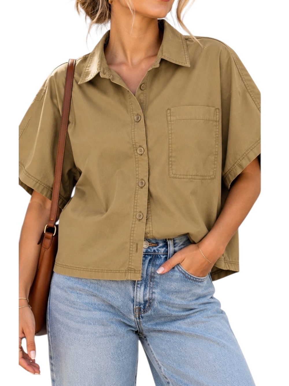 Khaki Boxy Cotton Button Down Cropped Shirt 1X Utility Minimalist CleanGirl Tan